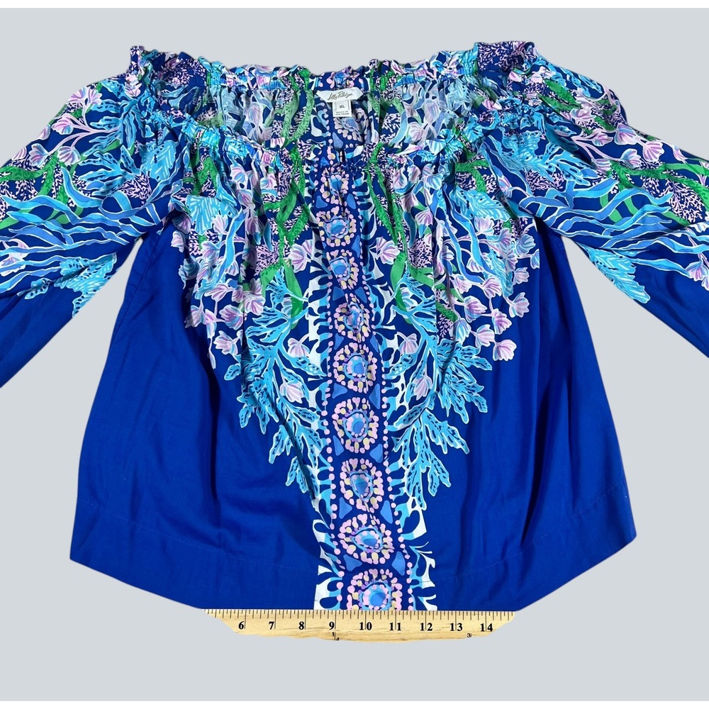 Lilly Pulitzer Womens Blue Floral Off The Shoulder Blouson Sleeve Blouse XL - Picture 11 of 12